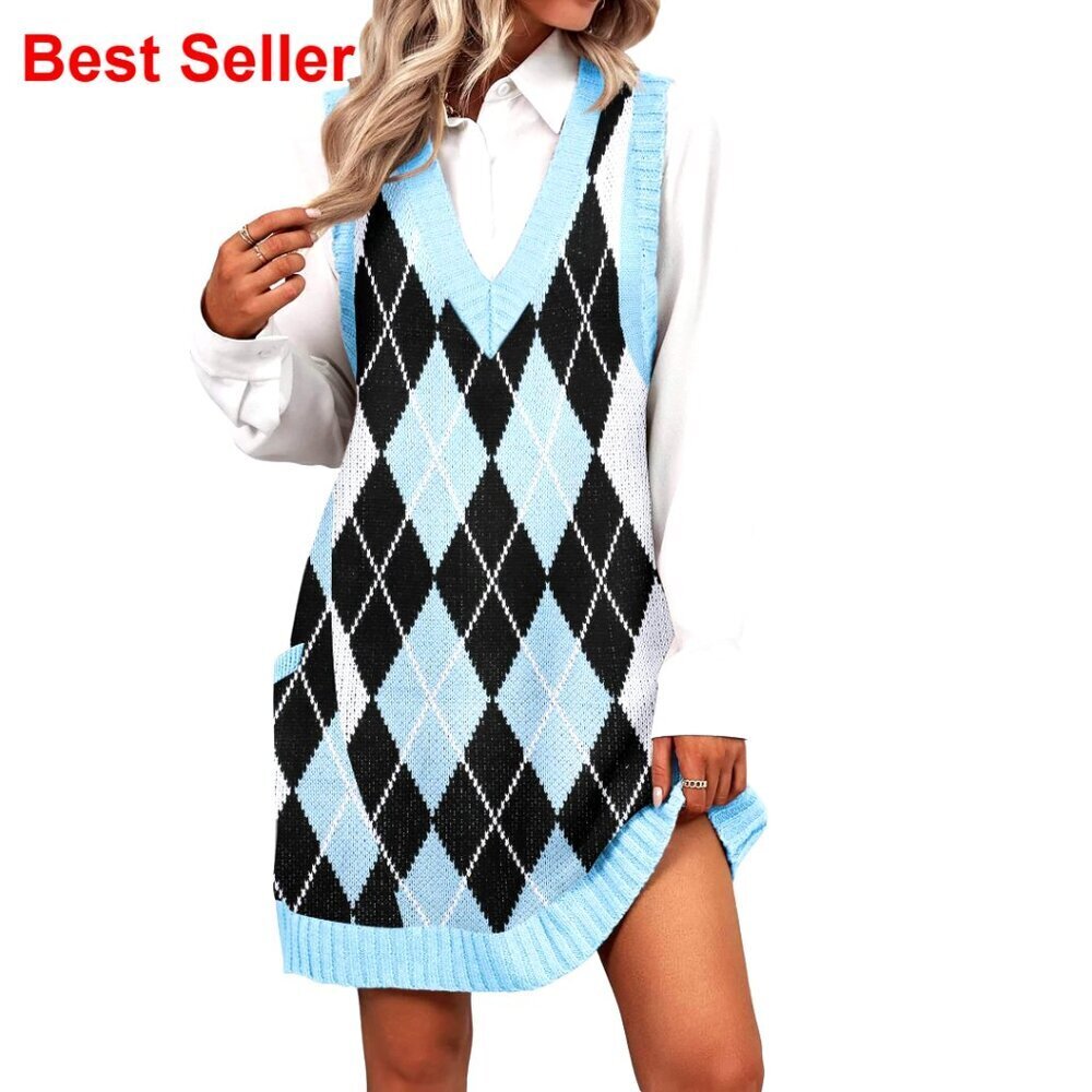 V-Neck Knit Sweater Vest Dress with Pockets, Casual Pullover